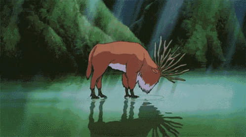 a cartoon deer with antlers is standing in a body of water .