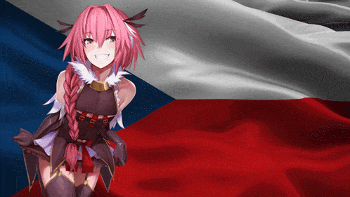 a girl with pink hair stands in front of a czech flag
