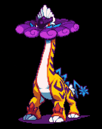 a pixel art drawing of a giraffe with a purple flower in its mouth .
