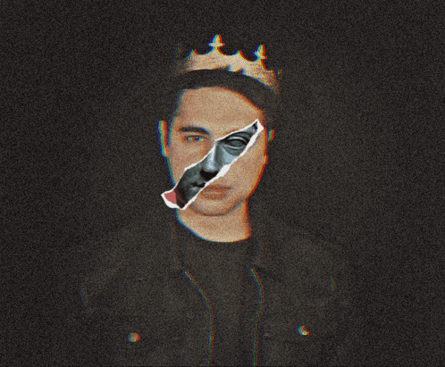 a man with a crown on his head has a piece of paper covering half of his face