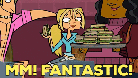 a cartoon shows a girl holding a tray of sandwiches and the words mm fantastic