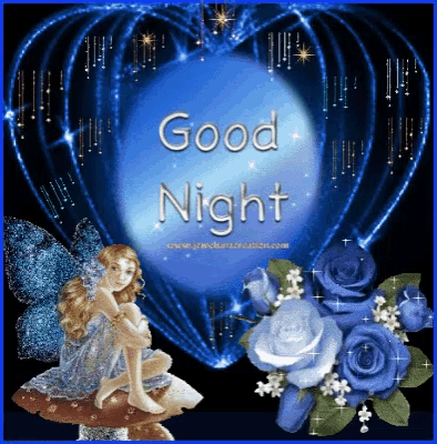 a fairy is sitting on a mushroom in front of a heart with the words good night on it