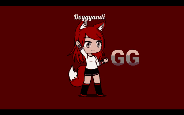 a girl with red hair and a fox tail is standing in front of a red background that says doggyandi gg