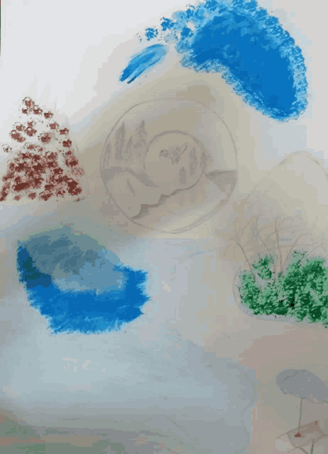 a child 's drawing of a landscape with a moon and trees