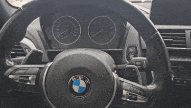a close up of a bmw steering wheel with a speedometer