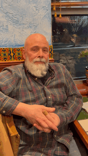 a man with a beard and a plaid shirt holds a cigar