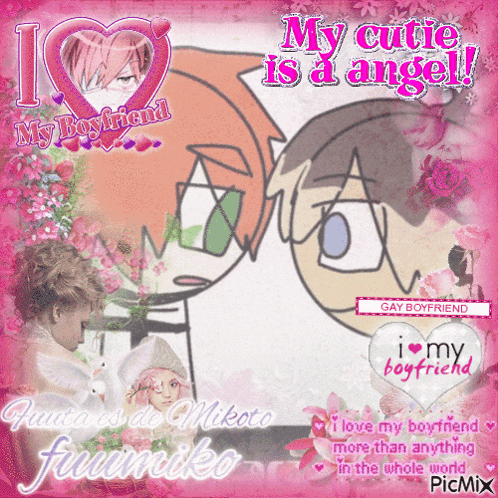 a picture of two anime characters with the words " my cutie is an angel "