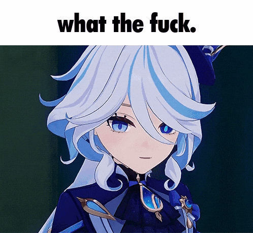 a picture of a girl with white hair and blue eyes and the words what the fuck