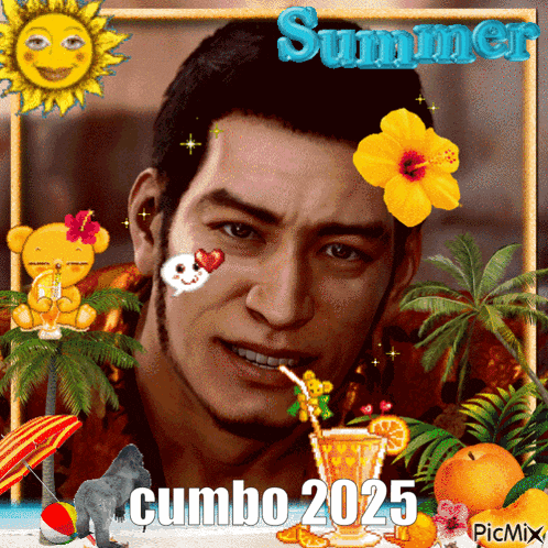 a picture of a man drinking from a straw with the words summer combo 2025