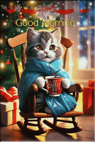 a cat in a rocking chair holding a cup of coffee