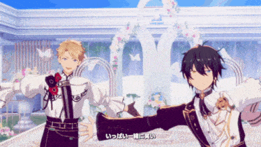 two anime characters are dancing in front of a white archway and flowers