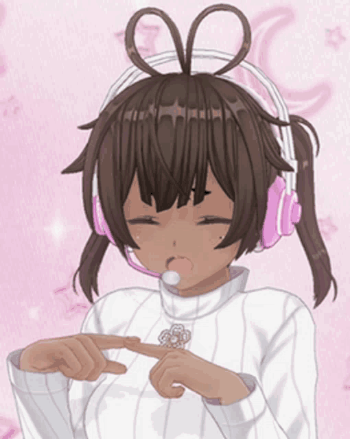 a girl wearing a white sweater and pink headphones is making a funny face