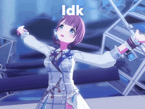 a girl with purple hair is holding a sword and says idk