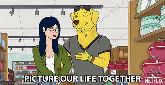 a cartoon of a man and a woman in a store with the words picture our life together on the bottom
