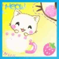 a white cat is eating a strawberry on a yellow background .