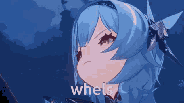 a blue haired anime girl with the words " wheels " on the bottom right