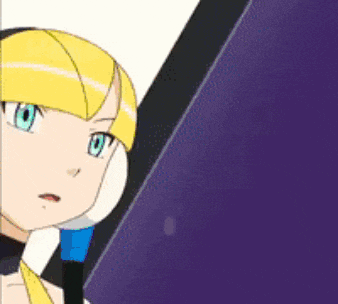 a cartoon girl with blonde hair and blue eyes is standing next to a purple and black object .
