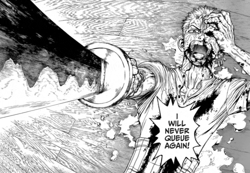 a black and white drawing of a man with blood coming out of his mouth and the words " will never queue again "