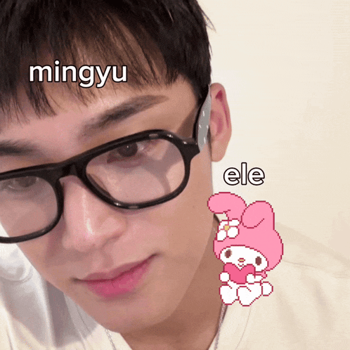 a young man wearing glasses has the name mingyu on his face
