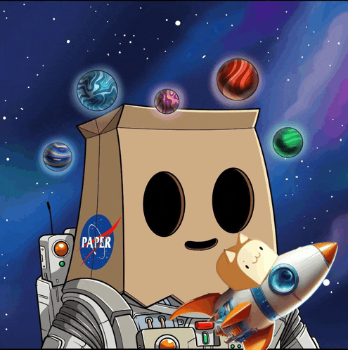 a cartoon character with a paper bag on his head holding a toy rocket