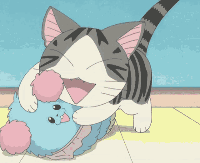 a cartoon cat is playing with a stuffed animal with its mouth open