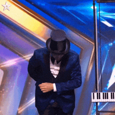 a man in a top hat and suit is dancing in front of a keyboard