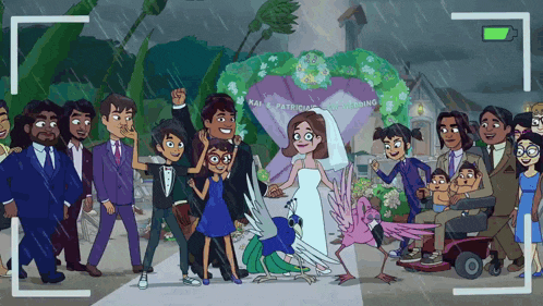 a bride and groom are surrounded by their wedding guests including a flamingo and a peacock