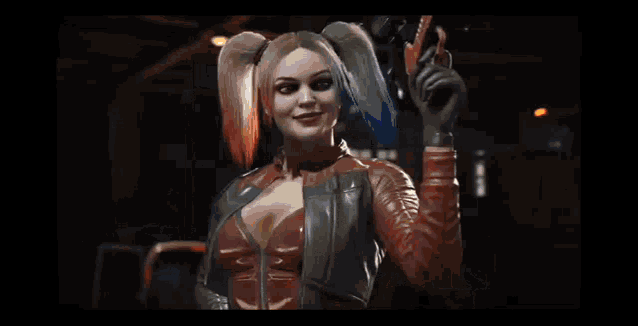 harley quinn is standing in front of a fire with a park street sign in the background