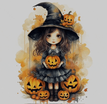 a little girl dressed as a witch holds a pumpkin