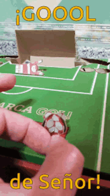 a person holding a soccer ball on a soccer field with the words goool de señor on the bottom