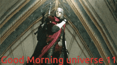 a man in a red cape is standing in front of a wall with the words good morning universe 11
