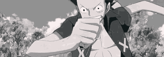 monkey d luffy from one piece is holding a sword in his hand in a black and white photo .