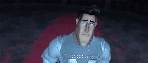 a cartoon man with blue eyes is standing in a dark room and looking at the camera .
