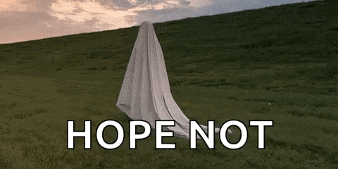 a ghost covered in a white sheet is standing in a grassy field with the words `` hope not '' written below it .