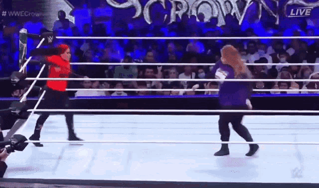 two women are fighting in a wrestling ring with the word crown on the bottom