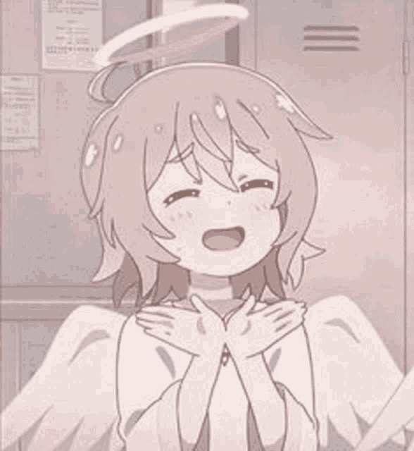 a cartoon girl with angel wings and a halo on her head is standing in front of a locker .