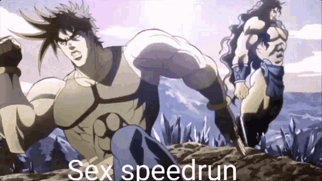 a cartoon of a man and a woman running with the words sex speedrun below them