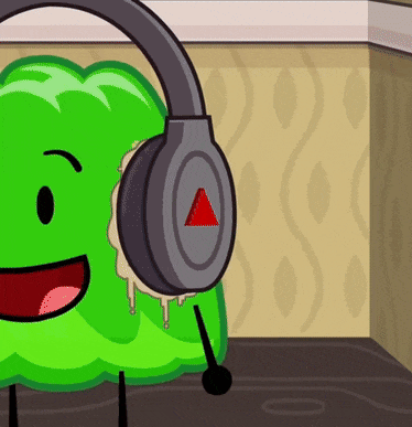 a green cartoon character wearing headphones with a red triangle on the bottom