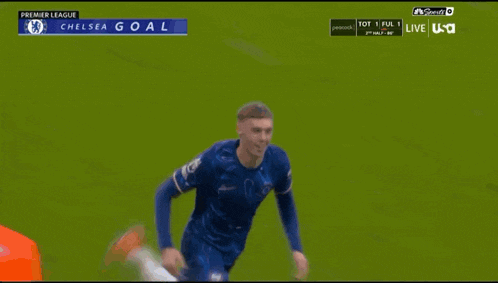 a soccer player is running on a field with the words chelsea goal on the top