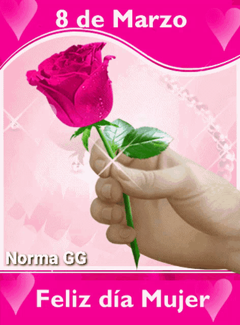 a woman 's hand is holding a pink rose with the date 8 de marzo