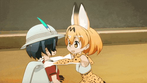 a girl with a m on her head is hugging a boy with a hat on