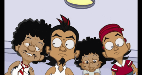 four cartoon characters are standing next to each other and one has a red headband on