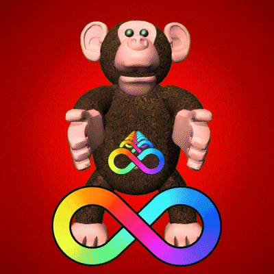 a monkey with a rainbow colored infinity symbol on its chest