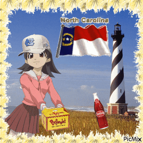 a picture of a lighthouse and a girl with the words north carolina