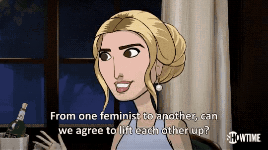 a cartoon woman says from one feminist to another we agree to lift each other up