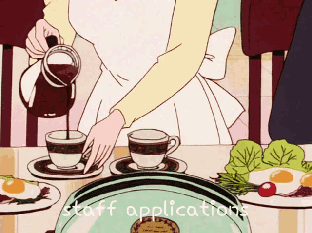 a cartoon of a woman pouring a cup of coffee with the words staff applications below her