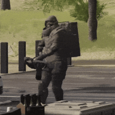 a man in a military uniform is standing in a parking lot with bottles of beer and a cooler with the number 62 on it