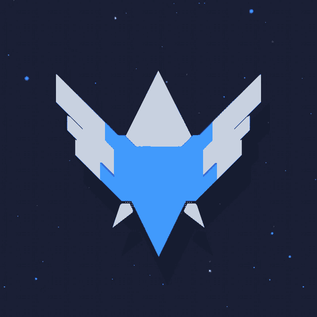 a blue and white triangle with white wings on a dark background