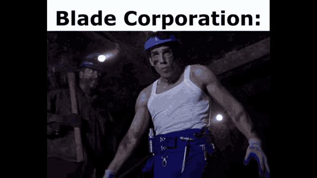 a man in a white tank top and blue pants is standing in a dark room with the words blade corporation written above him