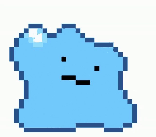 a pixel art drawing of a blue object with a sad face on a white background .
